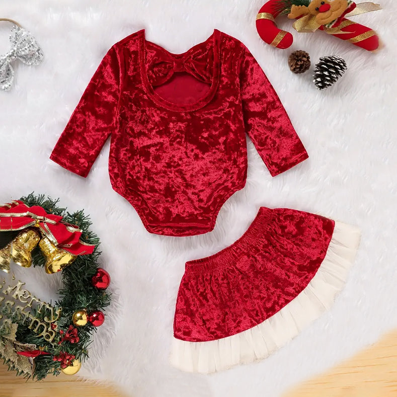 2PCS Christmas Santa Babe Letter Printed Bow Long Sleeve Baby Set