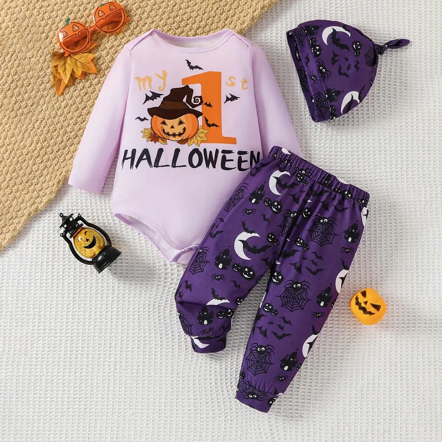 3PCS My 1st Halloween Letter Bat Print Long Sleeve Baby Set