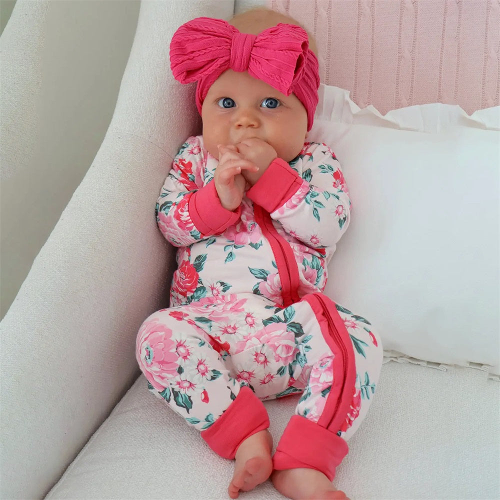 Comfy Floral Printed Long Sleeve Zipper Baby Jumpsuit