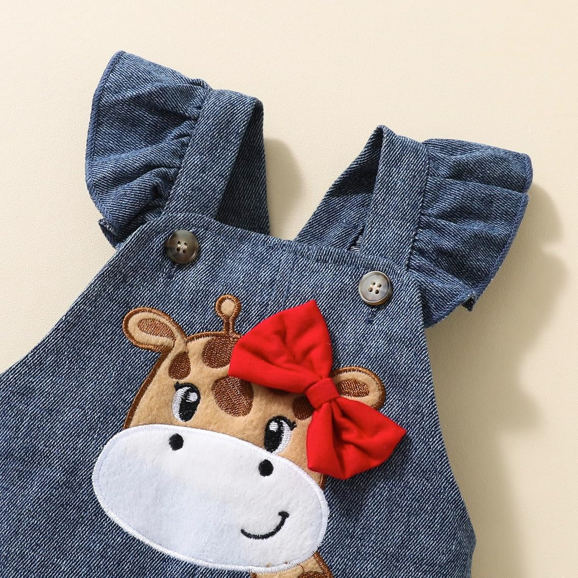 3PCS Giraffe Applique Stripe Print Long Sleeve Baby Girl Denim Overalls Set