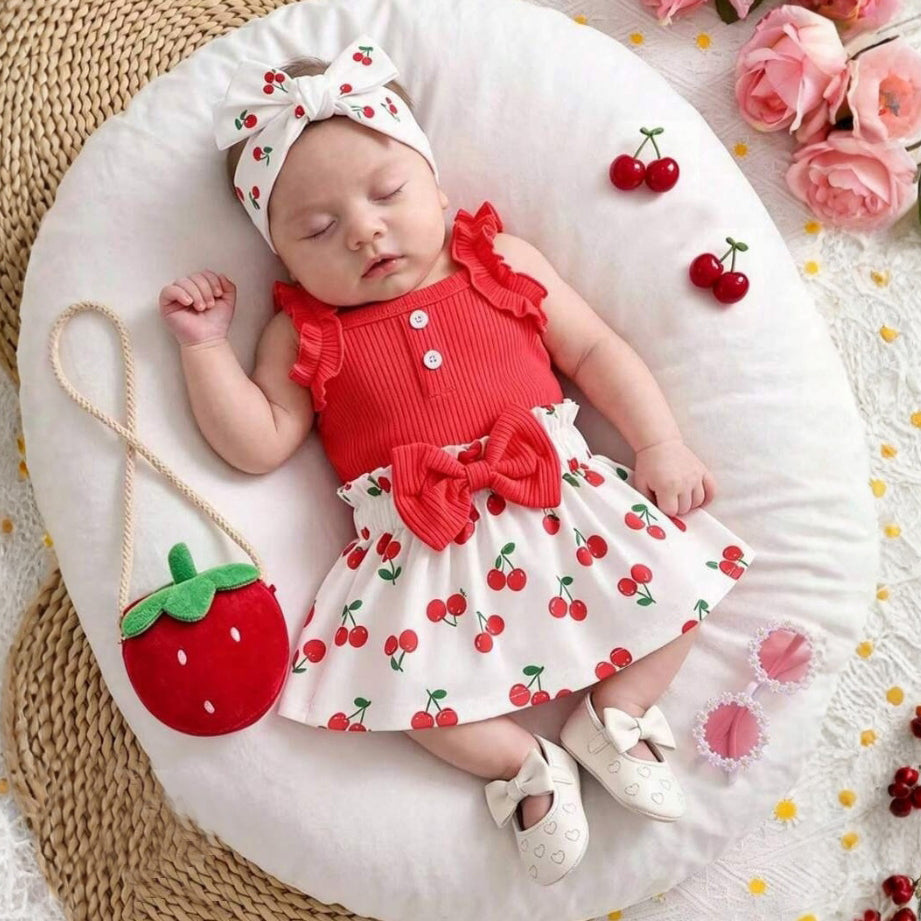 3PCS Summer Cherry Printed Sleeveless Baby Set