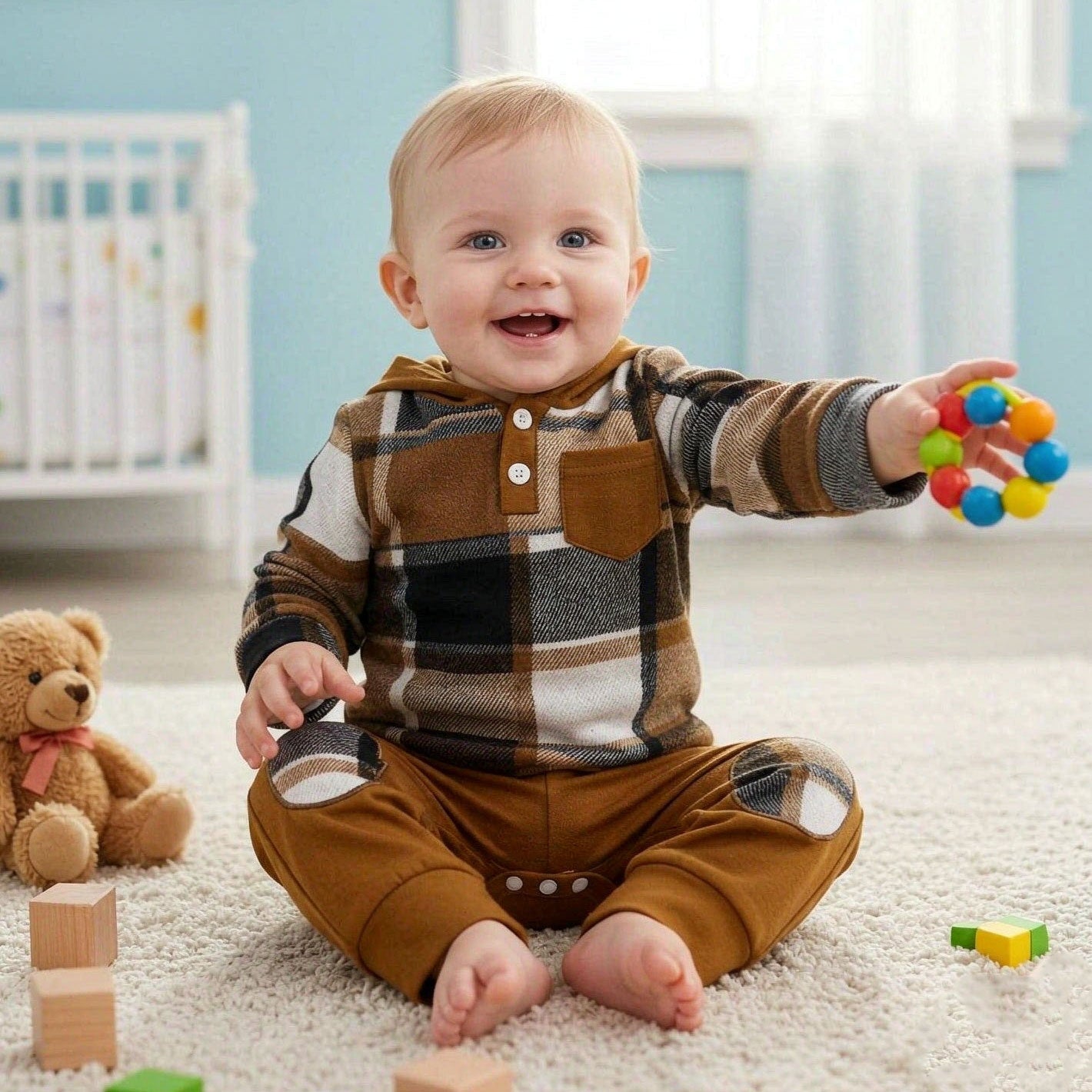 2PCS Stylish Plaid Print Long Sleeve Hoodie Baby Boy Set