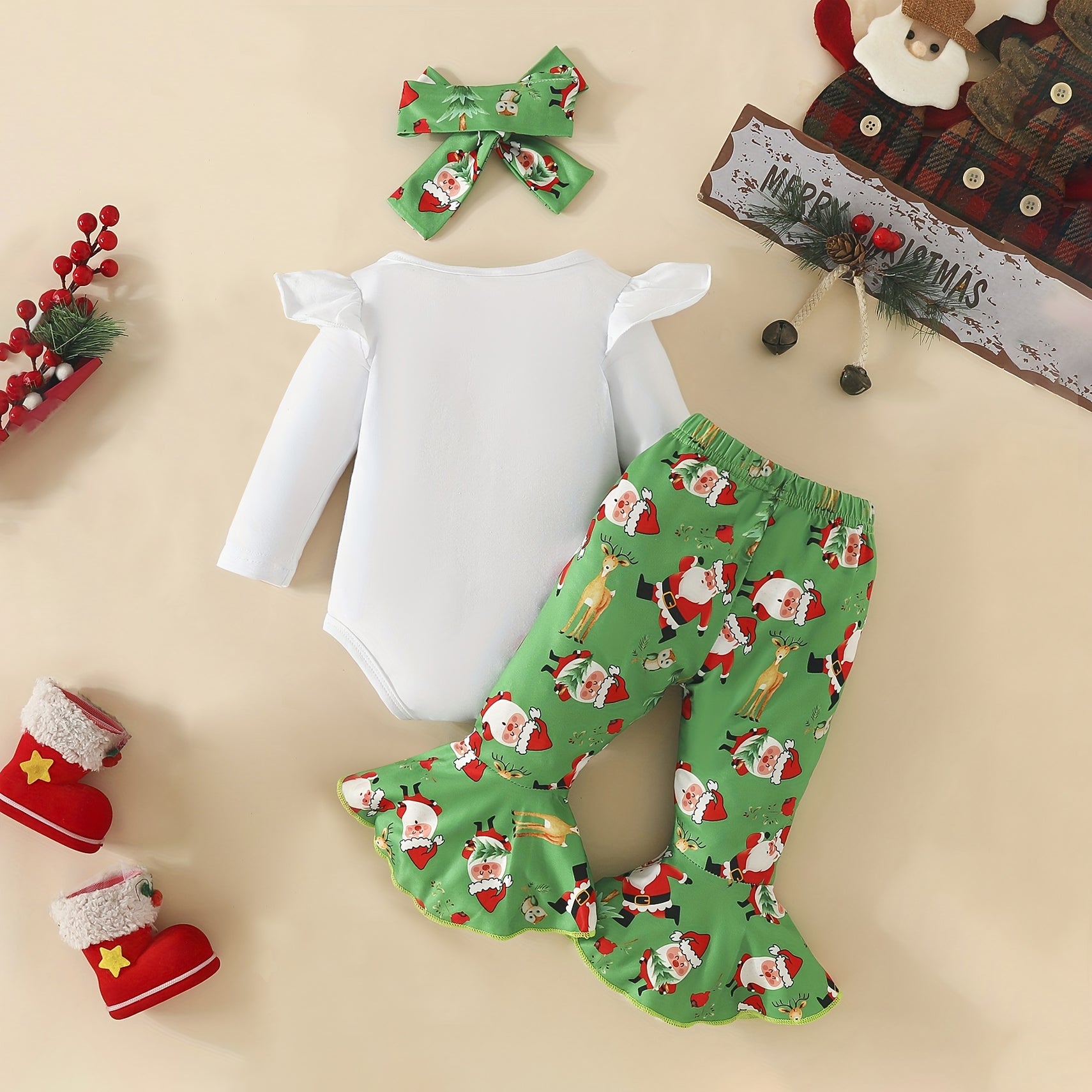 3PCS The Baby Who Stole Christmas Letter Printed Flared Pants Baby Set