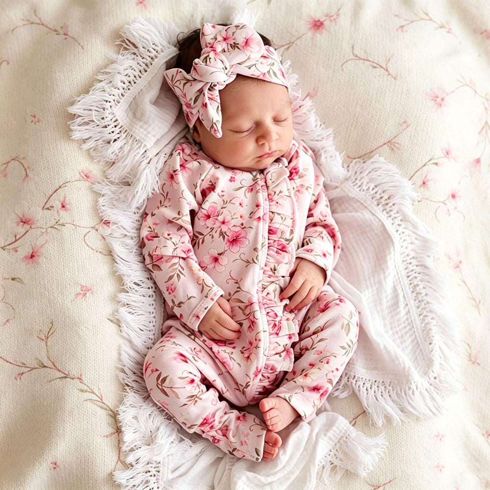2PCS Vintage Floral Print Ruffle Zipper Long Sleeve Baby Jumpsuit