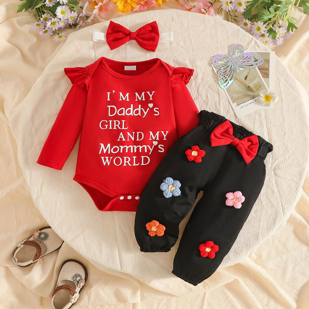 3PCS Daddy's Girl Mommy's World Letter 3D Floral Appliqué Baby Set