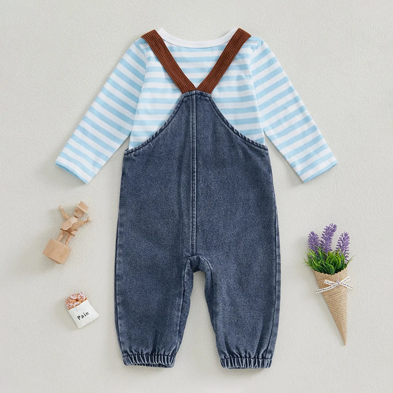 2PCS Cute Stripe Romper with Elephant and Giraffe Embroidery Overalls Set