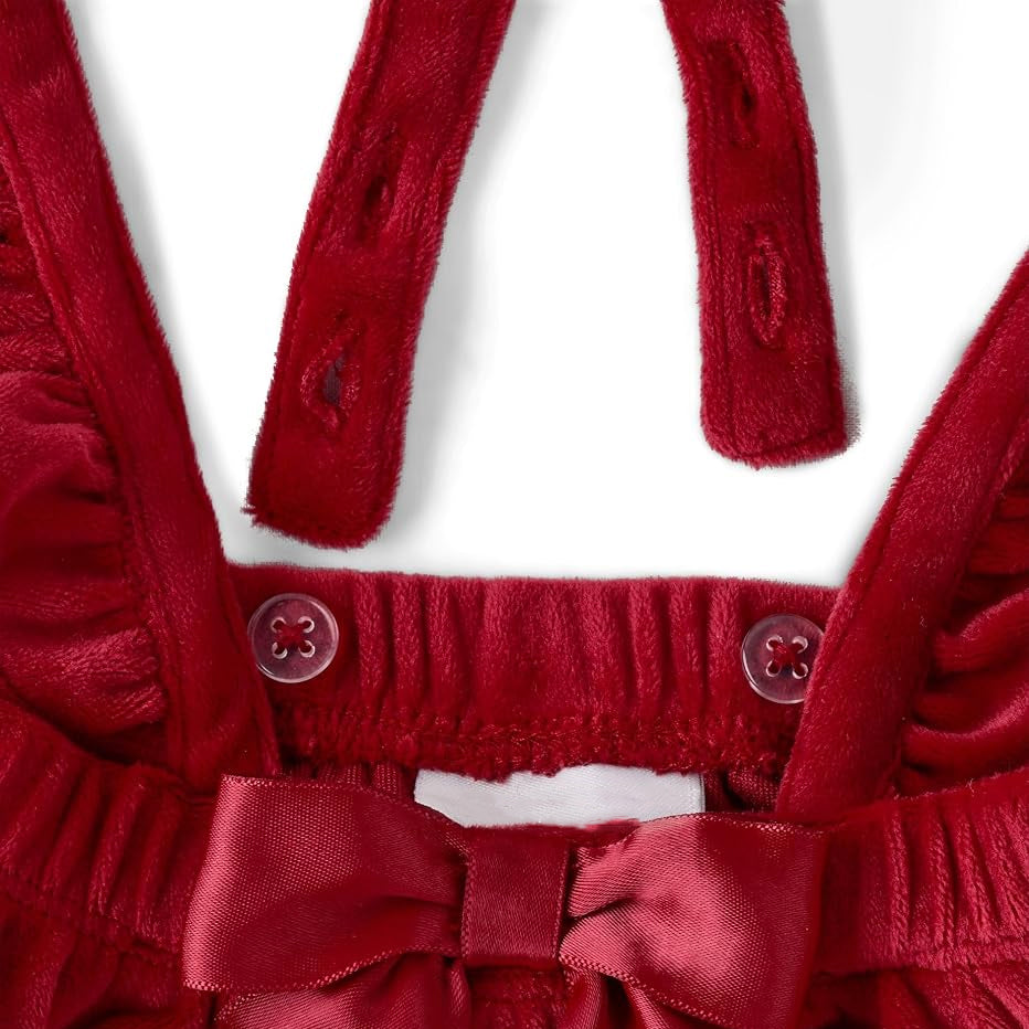 2PCS Sweet Bow Print Red Velvet Long Sleeve Baby Overalls Set
