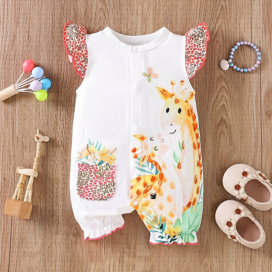 Lovely Giraffe Leopard Print Flutter Sleeve Baby Jumpsuit