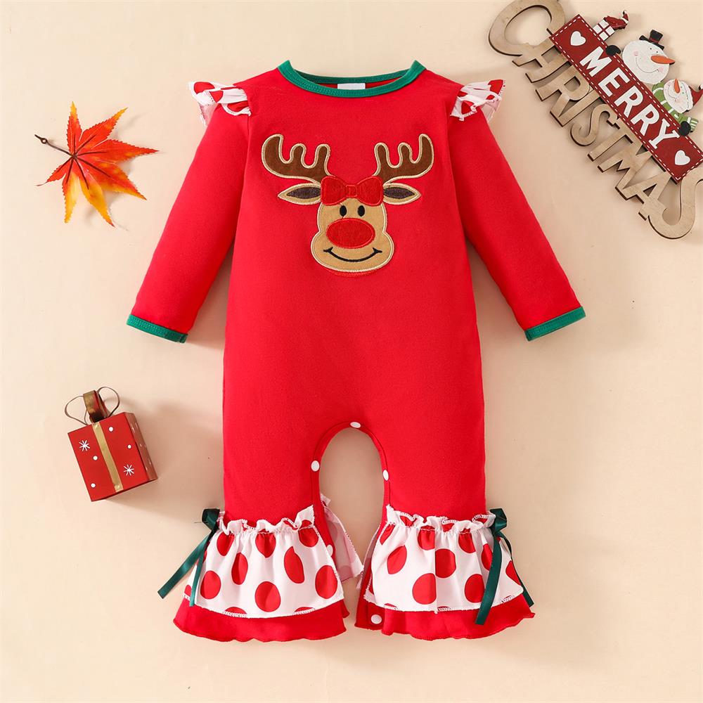 Christmas Elk Embroidery Print Long Sleeve Baby Jumpsuit