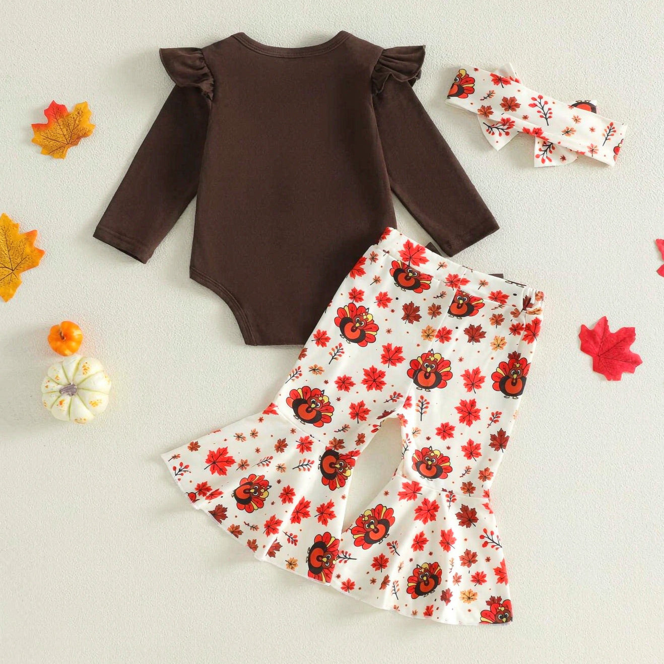 3PCS Cutest Little Turkey Letter Maple Leaves Print Thanksgiving Baby Set