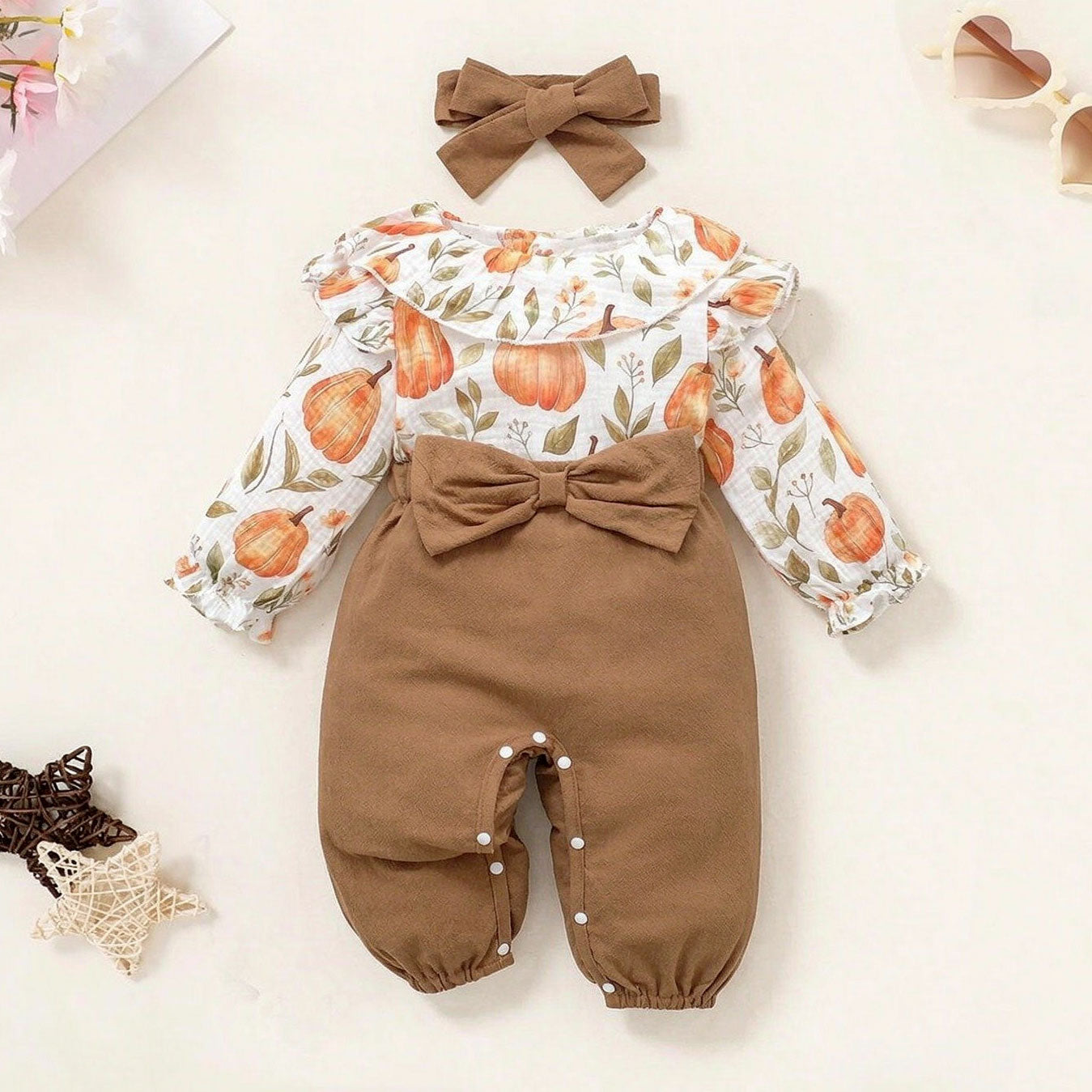 2PCS Color Block Pumpkin Print Bow Long Sleeve Baby Jumpsuit
