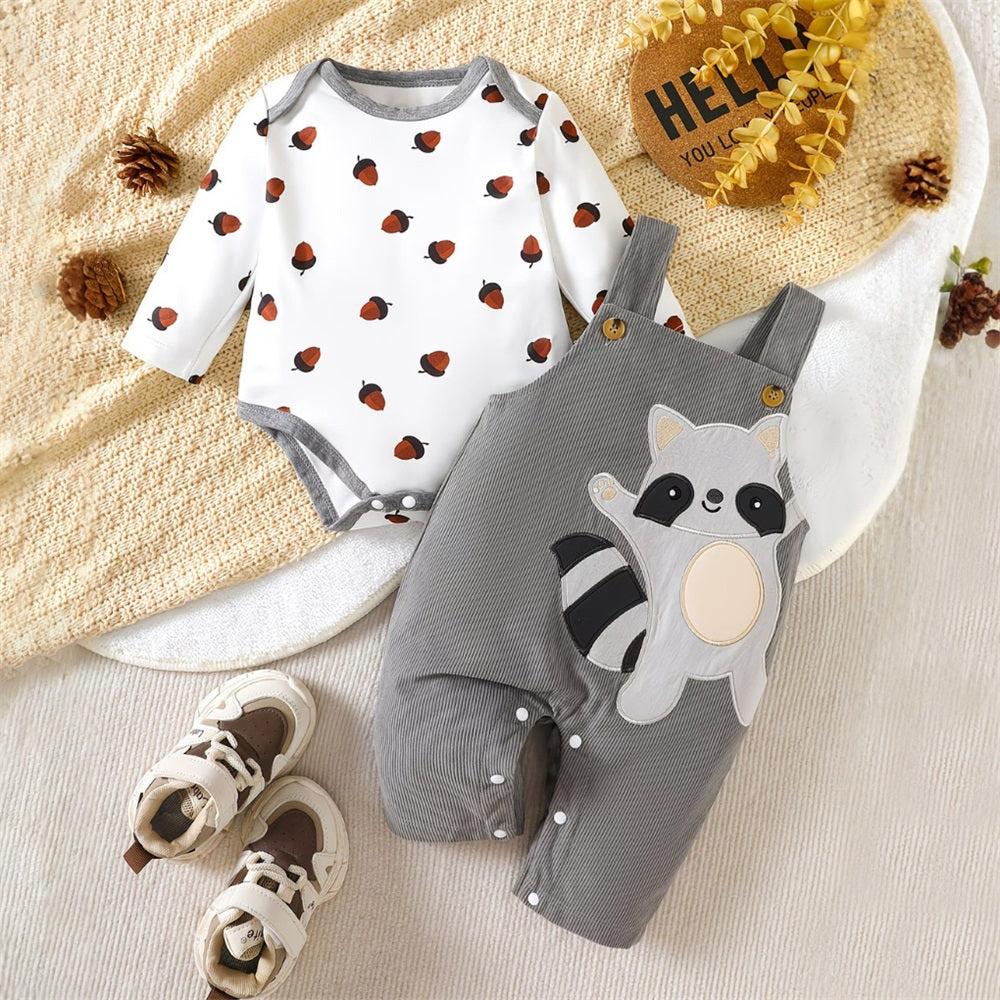 2PCS Cartoon Raccoon Acorn Pattern Printed Baby Overalls Set