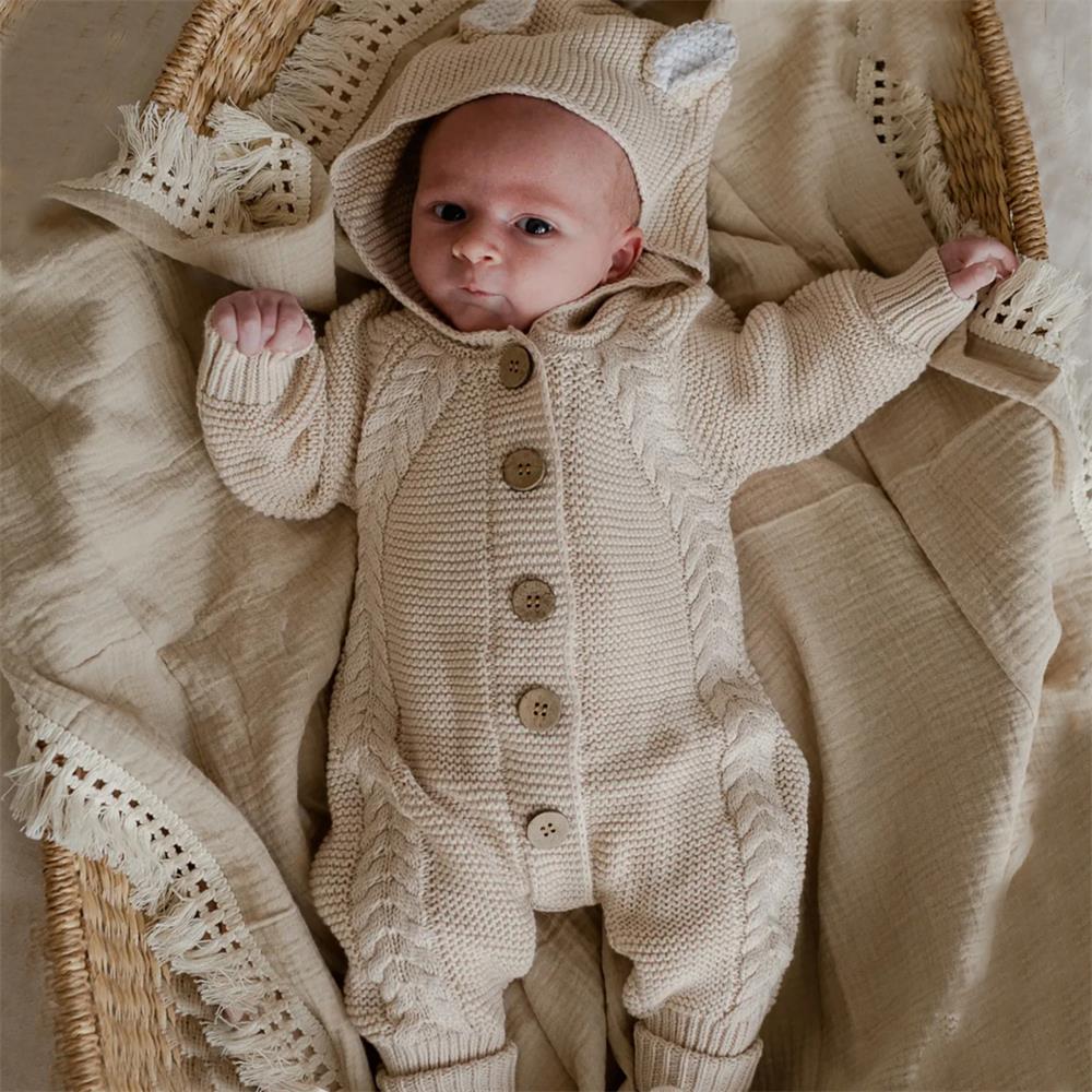 Soft Knit Solid Color Long Sleeve Hooded Baby Jumpsuit