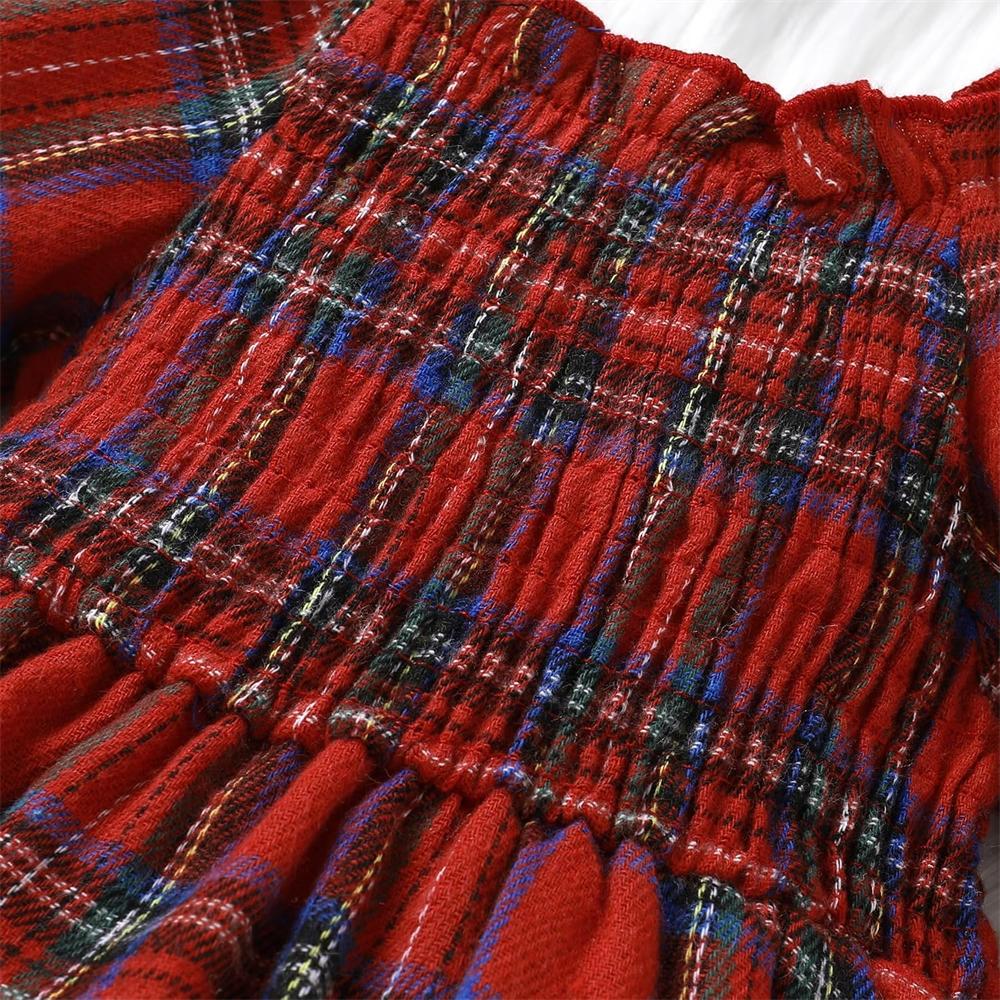 2PCS Festive Retro Plaid Printed Long Sleeve Baby Girl Romper
