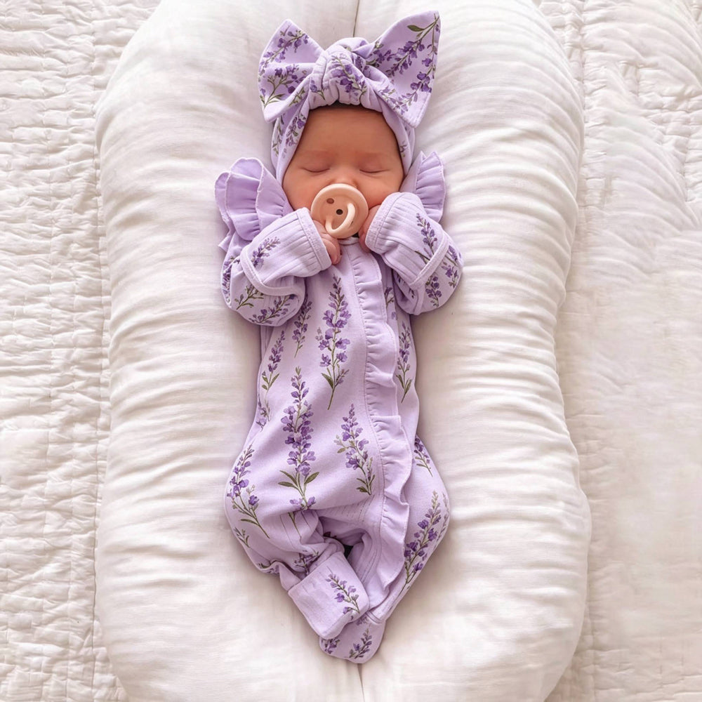 2PCS Sweet Floral Print Long Sleeve Ruffle Zipper Baby Girl Jumpsuit