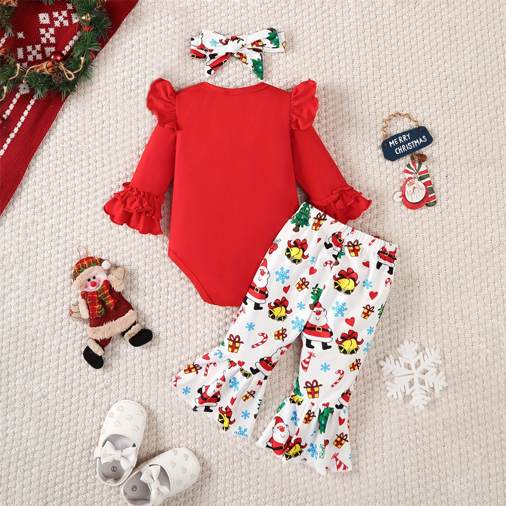 3PCS Girls' Christmas Deer Print Long Sleeve Baby Set