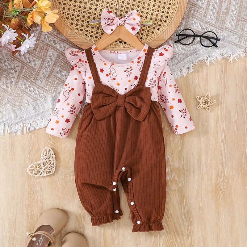 2PCS Floral Printed Long Sleeve Bowknot Decoration Baby Jumpsuit