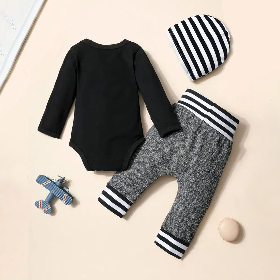 3PCS Daddy's Little Dude Letter Striped Printed Long Sleeve Baby Set