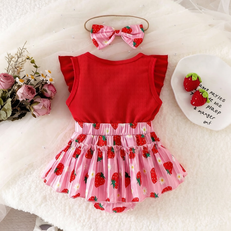 2PCS Cute Strawberry Floral Print Flutter Sleeve Baby Romper