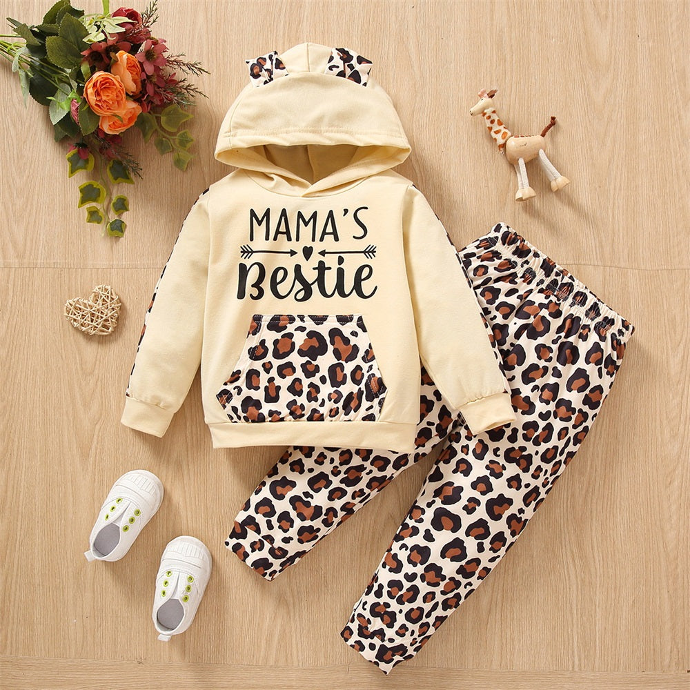 2PCS Mama's Bestie Letter Print Leopard Long Sleeve Hooded Baby Set