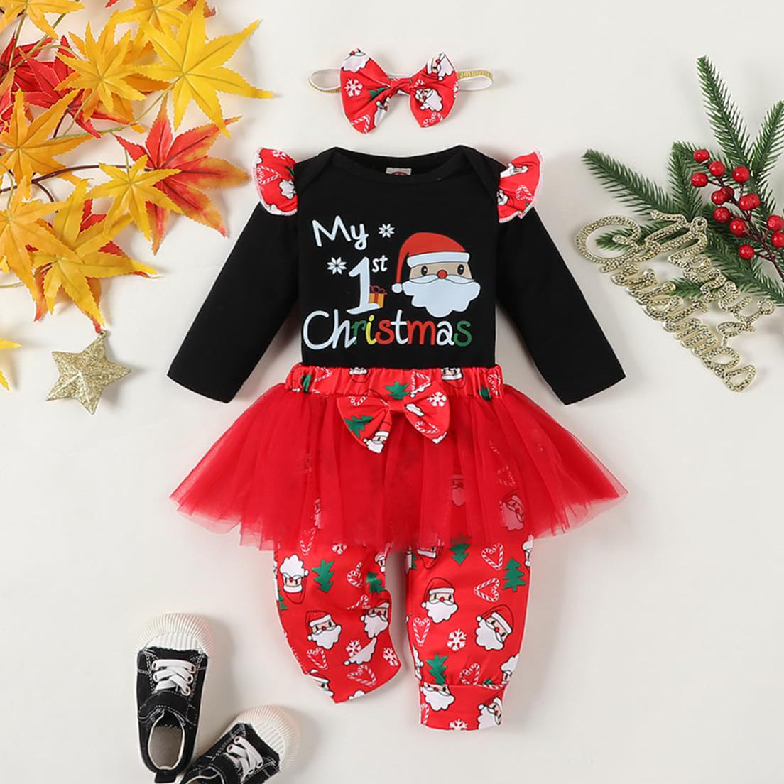 3PCS My 1st Christmas Santa Claus Print Ruffle Long Sleeve Baby Set