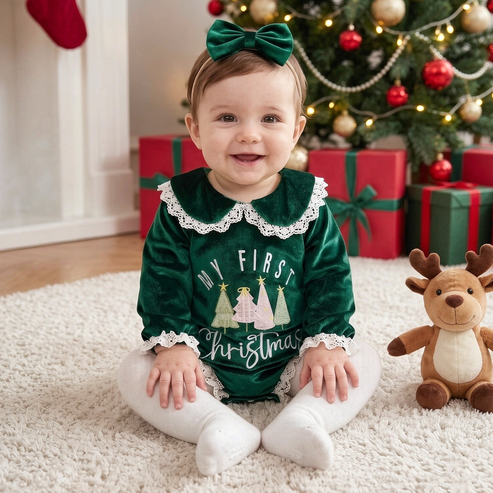 2PCS Chic My 1st Christmas Letter Tree Embroidered Baby Girl Velvet Romper