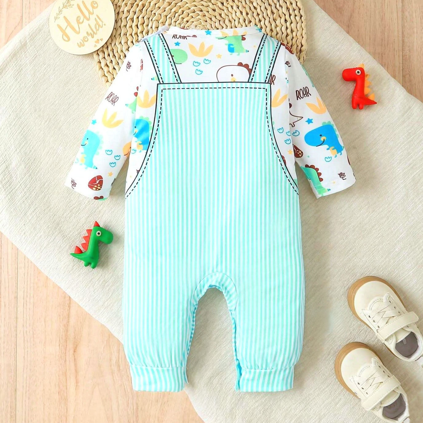 Lovely Dinosaur Stripe Print Long Sleeve Baby Jumpsuit