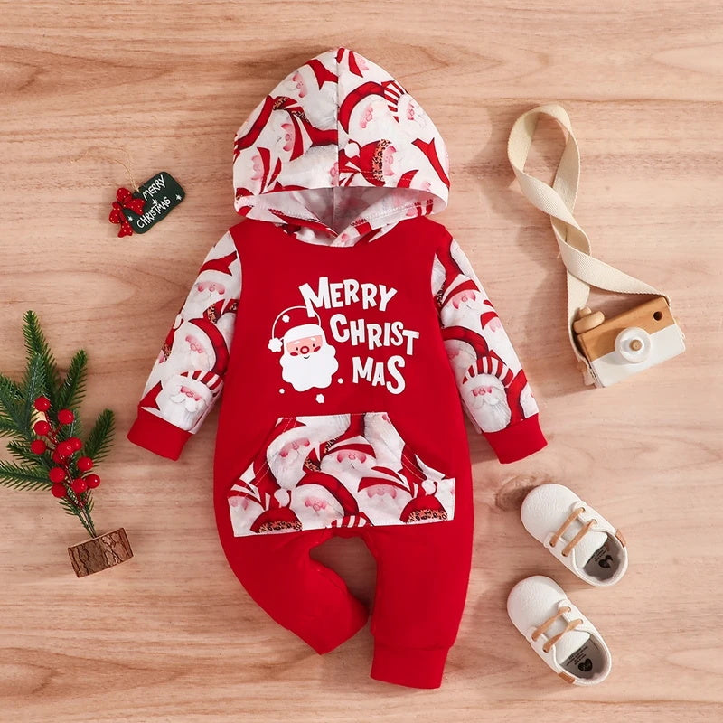 Merry Christmas Letter Santa Claus Printed Hoodie Baby Jumpsuit
