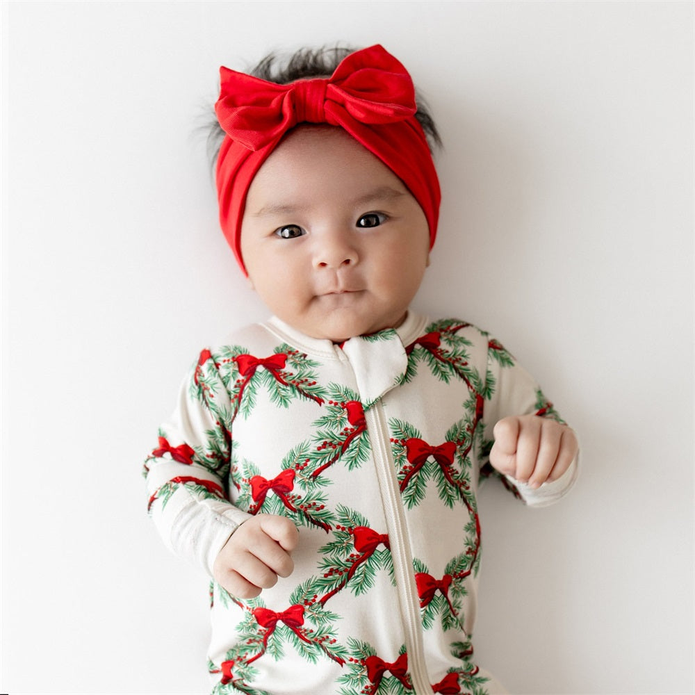 Christmas Bow Print Long Sleeve Zipper Baby Jumpsuit
