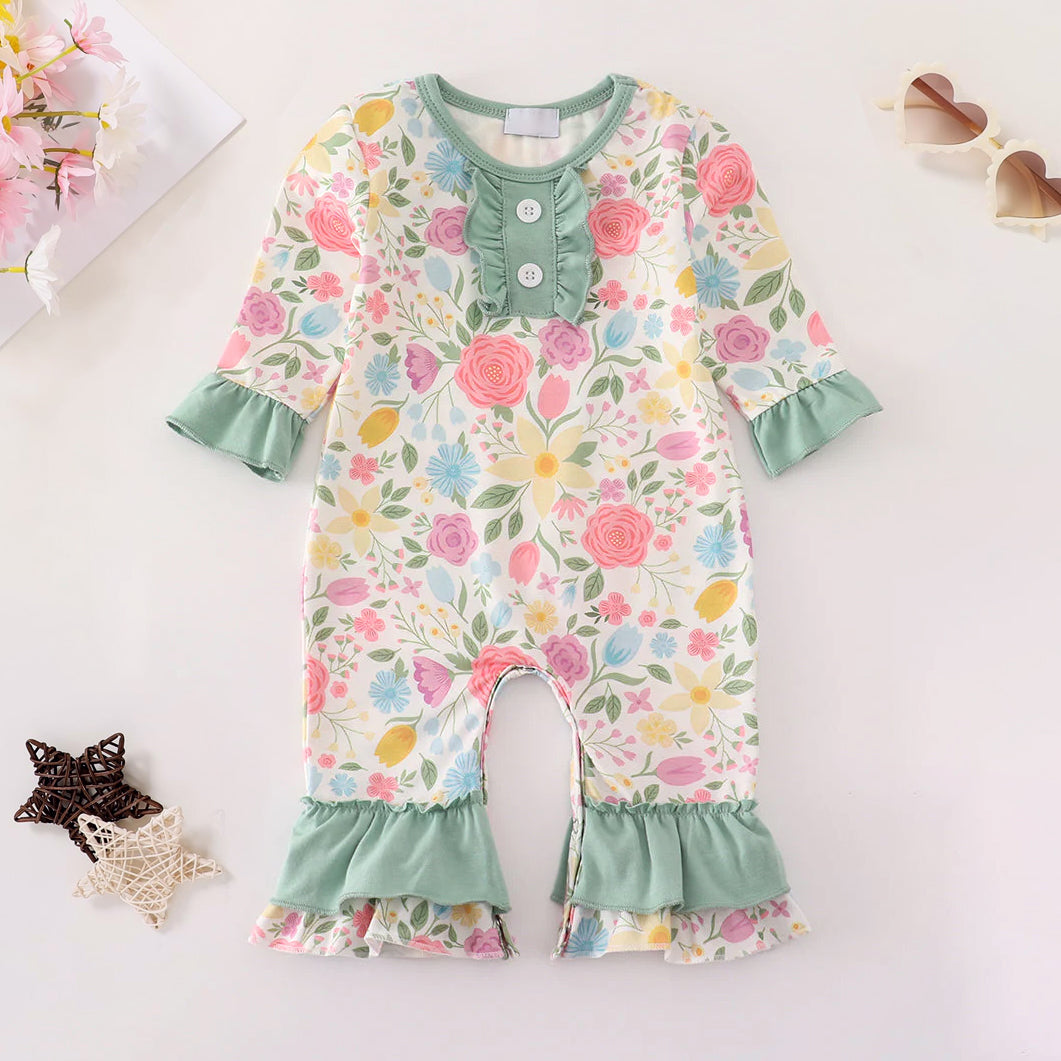 Trend Floral Printed Long Sleeve Baby Girl Jumpsuit