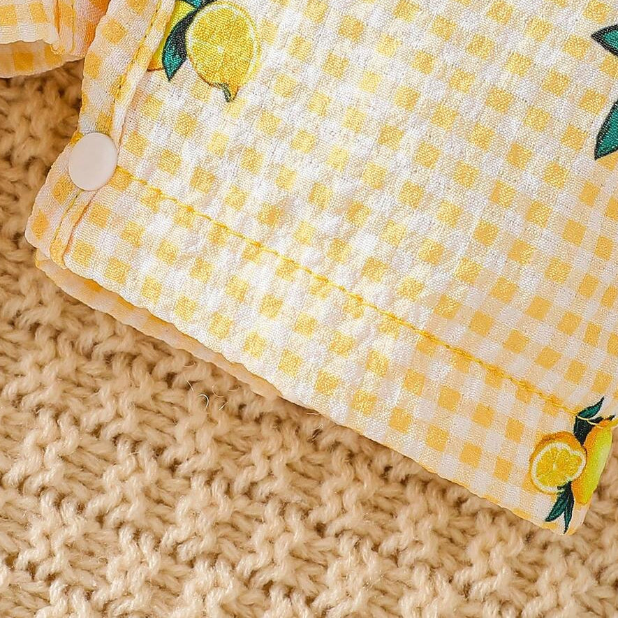 2PCS Fresh Lemon & Plaid Print Flutter Sleeve Baby Jumpsuit