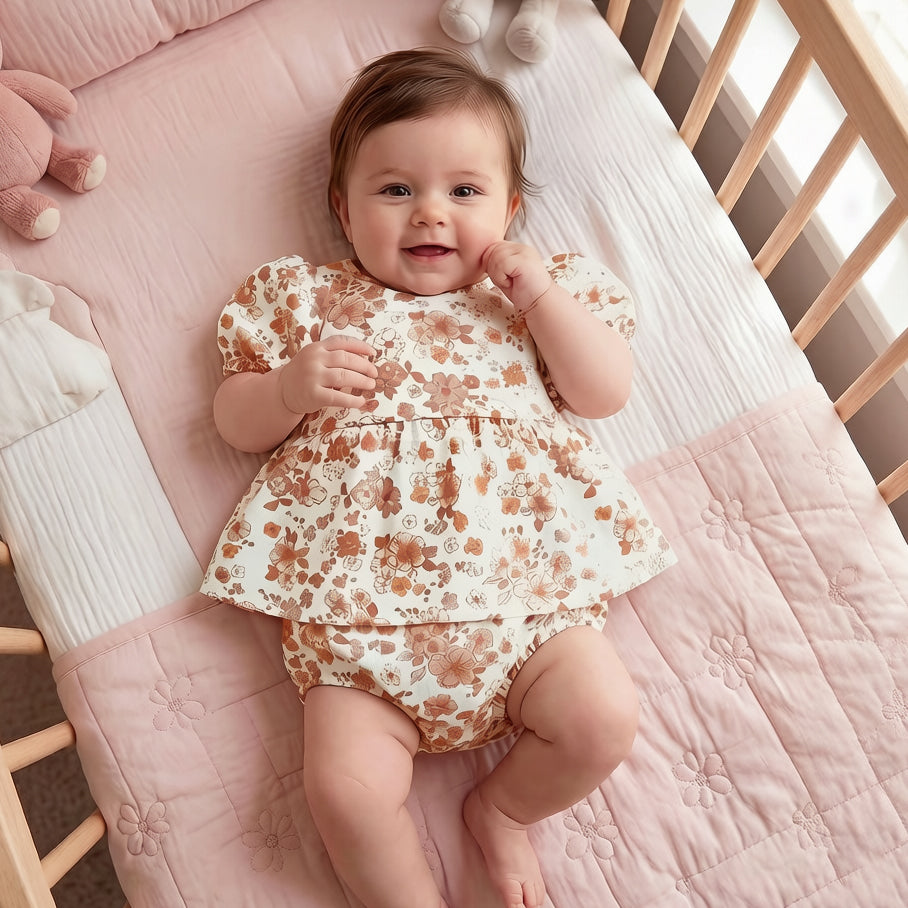 2PCS Vintage Romantic Floral Print Puff Sleeve Baby Set