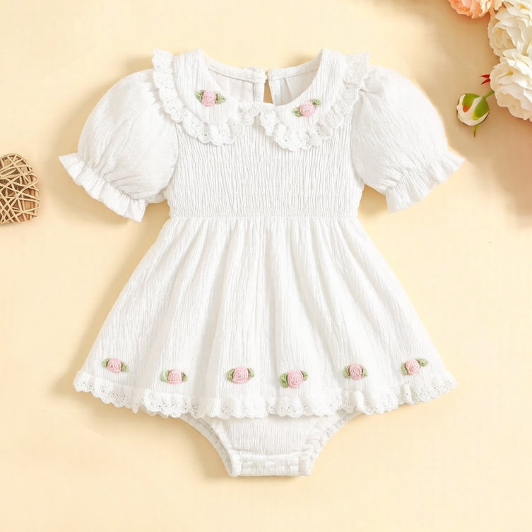 Sweet Solid Color Fabric Rosette Eyelet Lace Short Sleeve Baby Romper