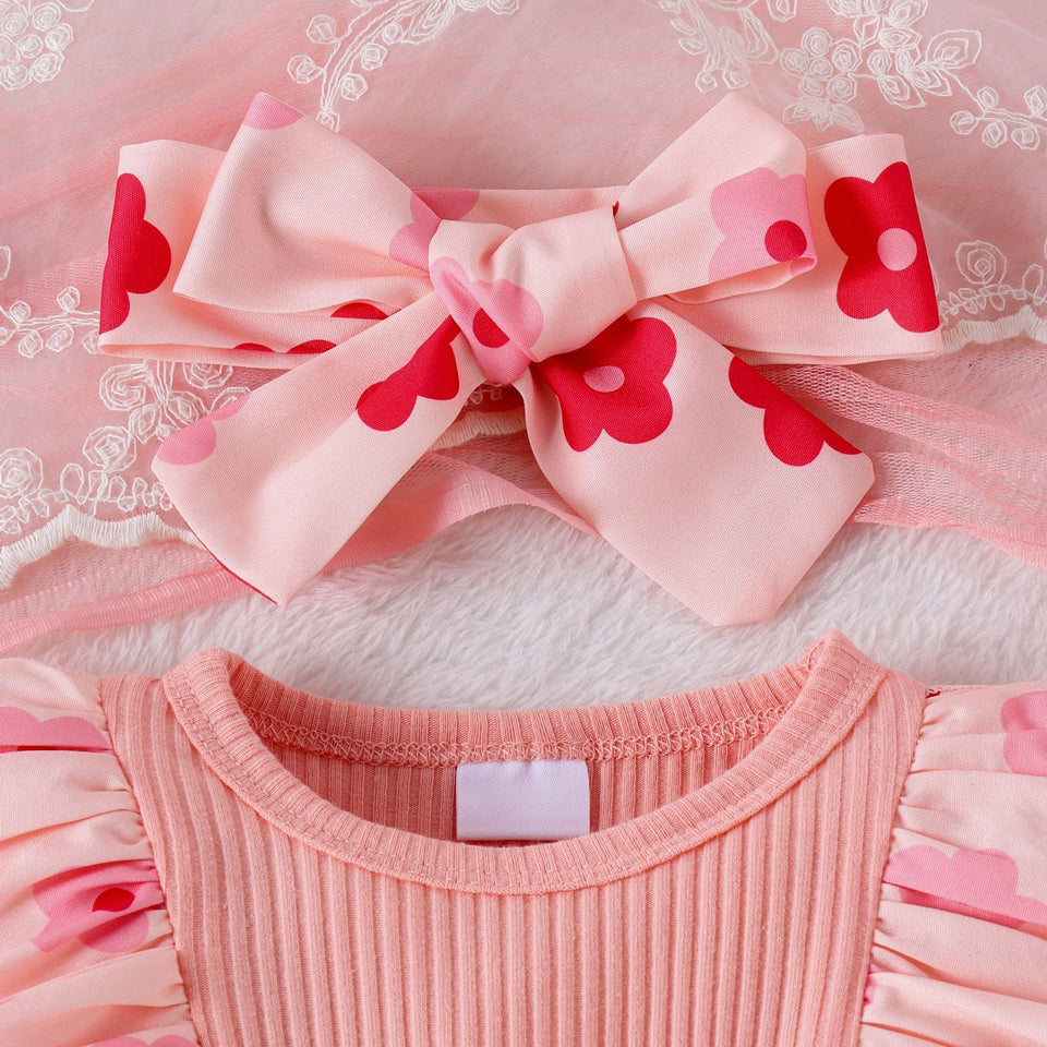 2PCS Adorable Floral Printed Bow Baby Girl Romper