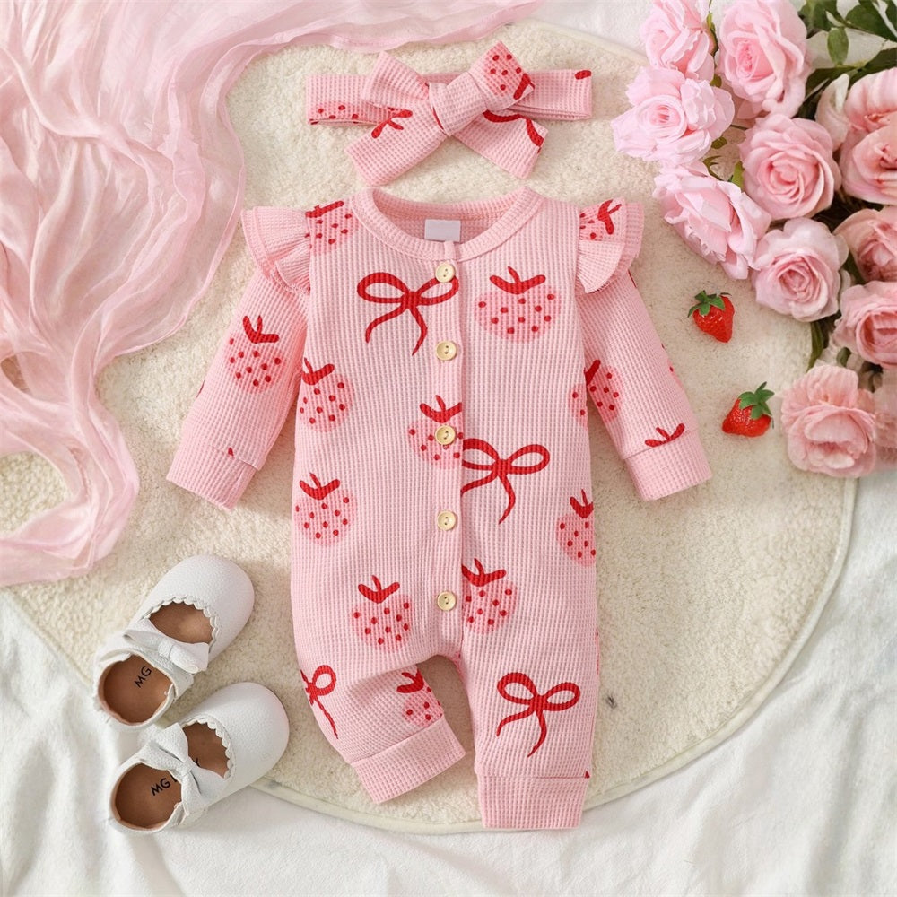 2PCS Strawberry and Bow Print Long Sleeve Baby Jumpsuit