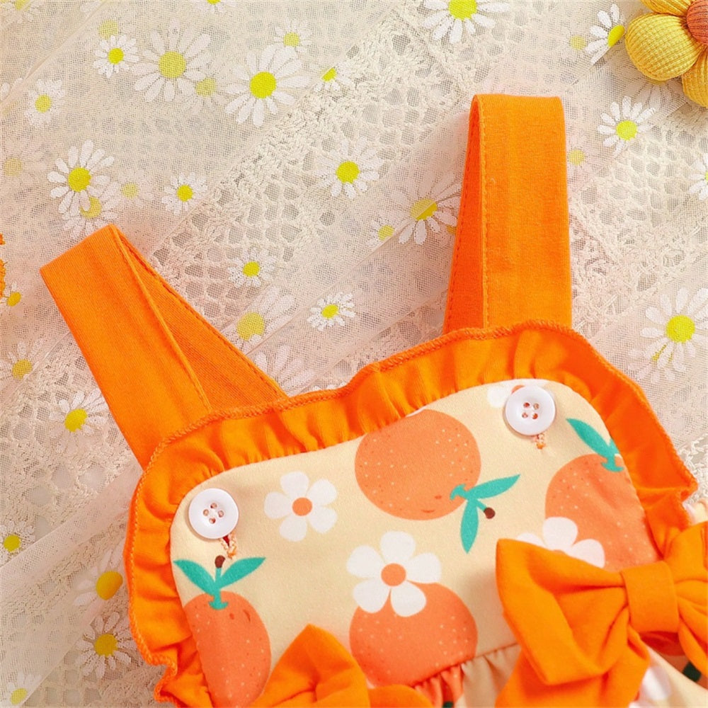 2PCS Casual Orange and Floral Printed Sleeveless Baby Romper