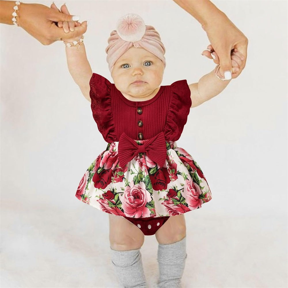2PCS Floral Printed Ruffled Sleeveless Baby Romper
