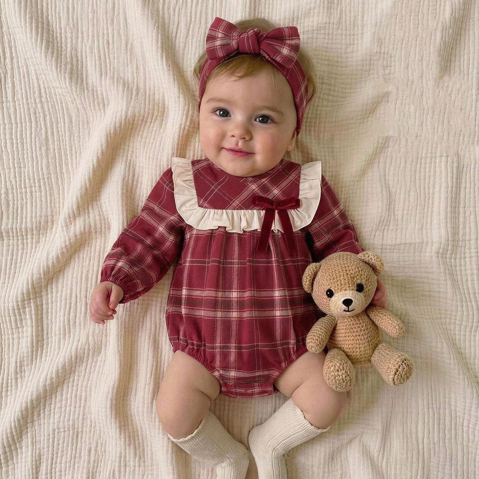 2PCS Refined Plaid Printed Ruffled Long Sleeve Baby Romper