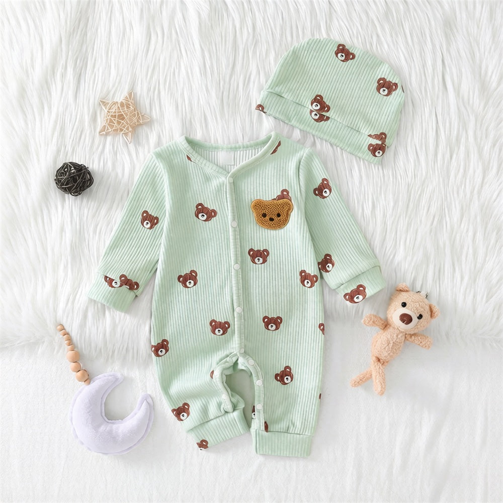 2PCS Lovely Bear Printed Long Sleeve Baby Jumpsuit
