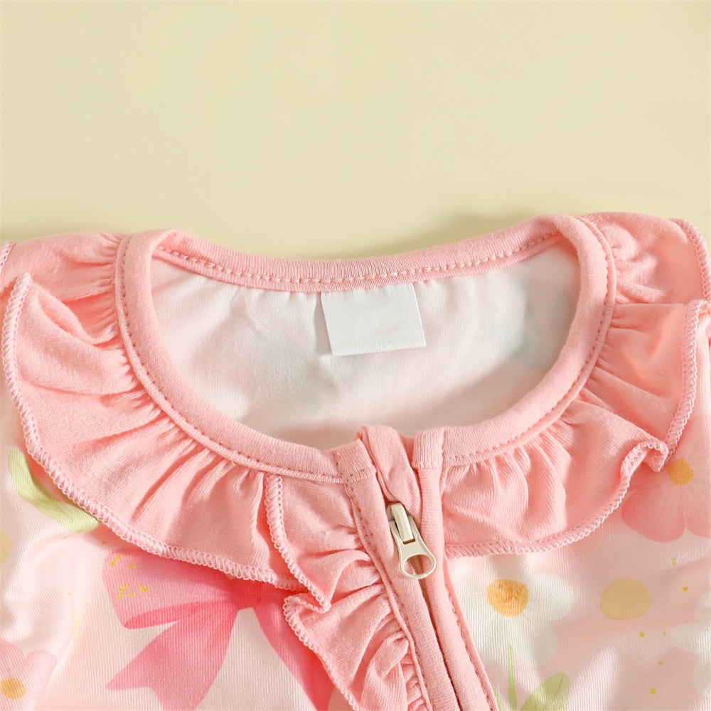 2PCS Adorable Floral Print Ruffle Zipper Baby Jumpsuit