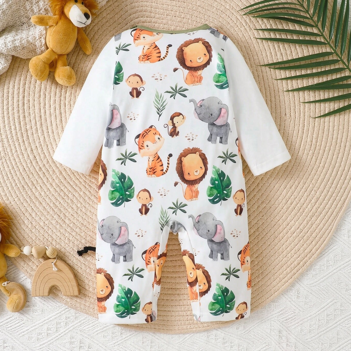Casual Lion Elephant Print Faux Layer Long Sleeve Baby Jumpsuit