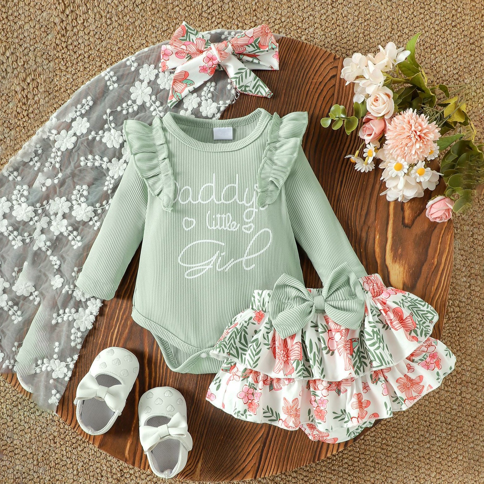 3PCS Dainty Daddy's Little Girl Letter Floral Printed Baby Set