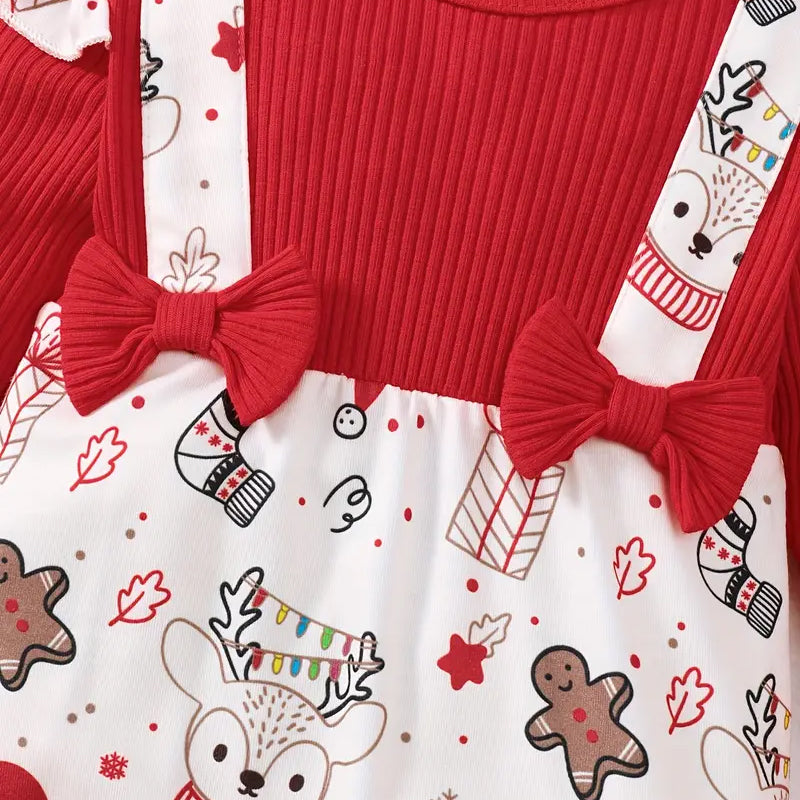 2PCS Christmas Animal Printed Long Sleeve Baby Jumpsuit