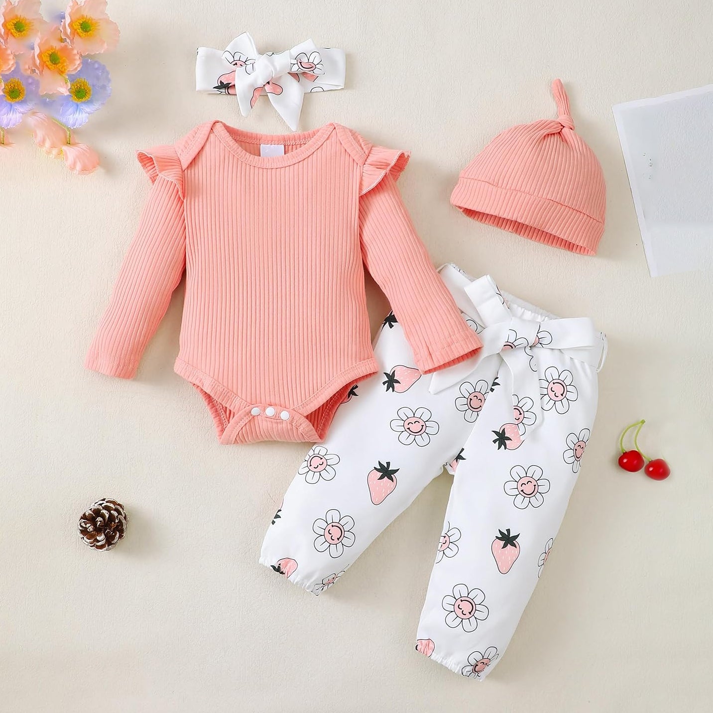 4PCS Strawberry Floral Printed Baby Set