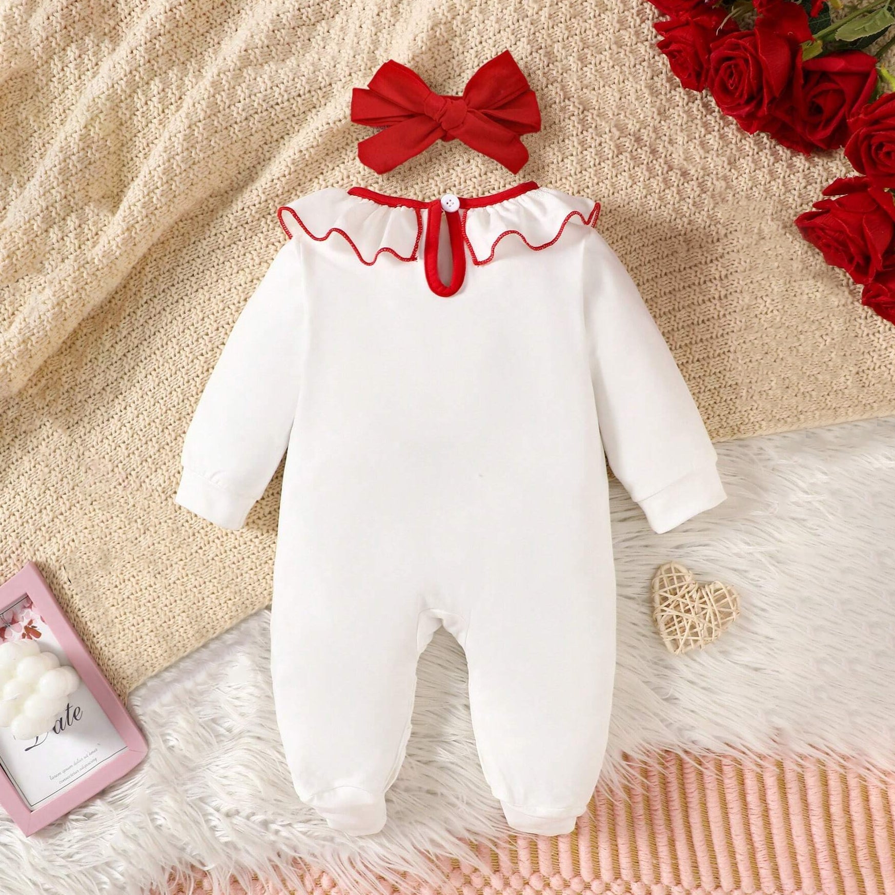 2PCS Sweet Contrast Color Ruffle Collar Bow-Tie Printed Baby Jumpsuit