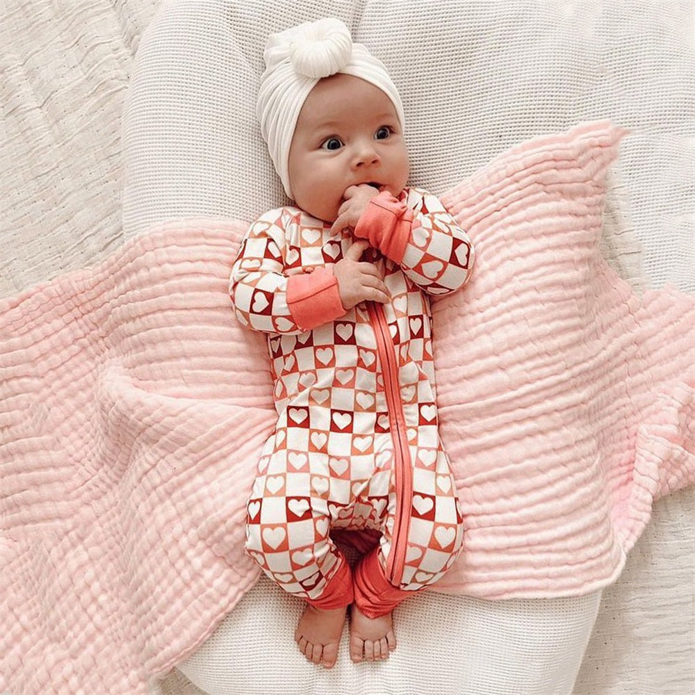 Soft Checkered Heart Print Long Sleeve Baby Jumpsuit