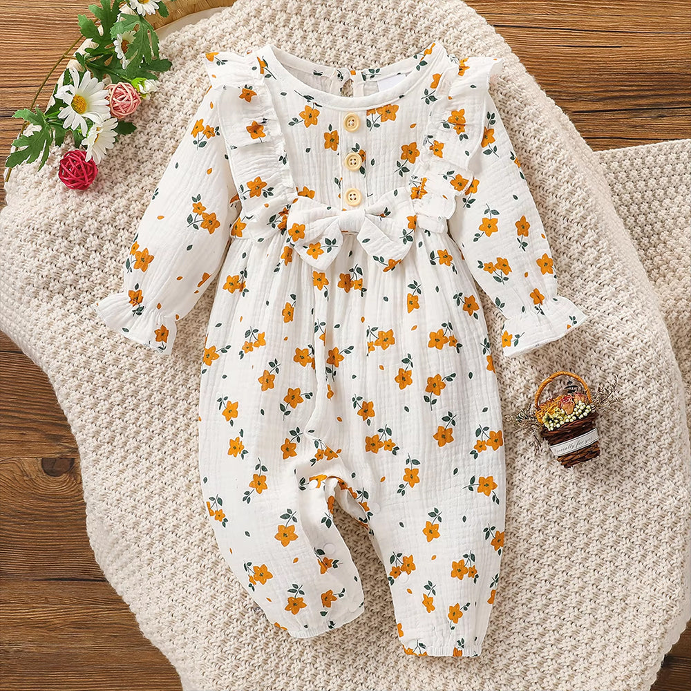 Vintage Baby Girl Floral Print Ruffle Long Sleeve Jumpsuit