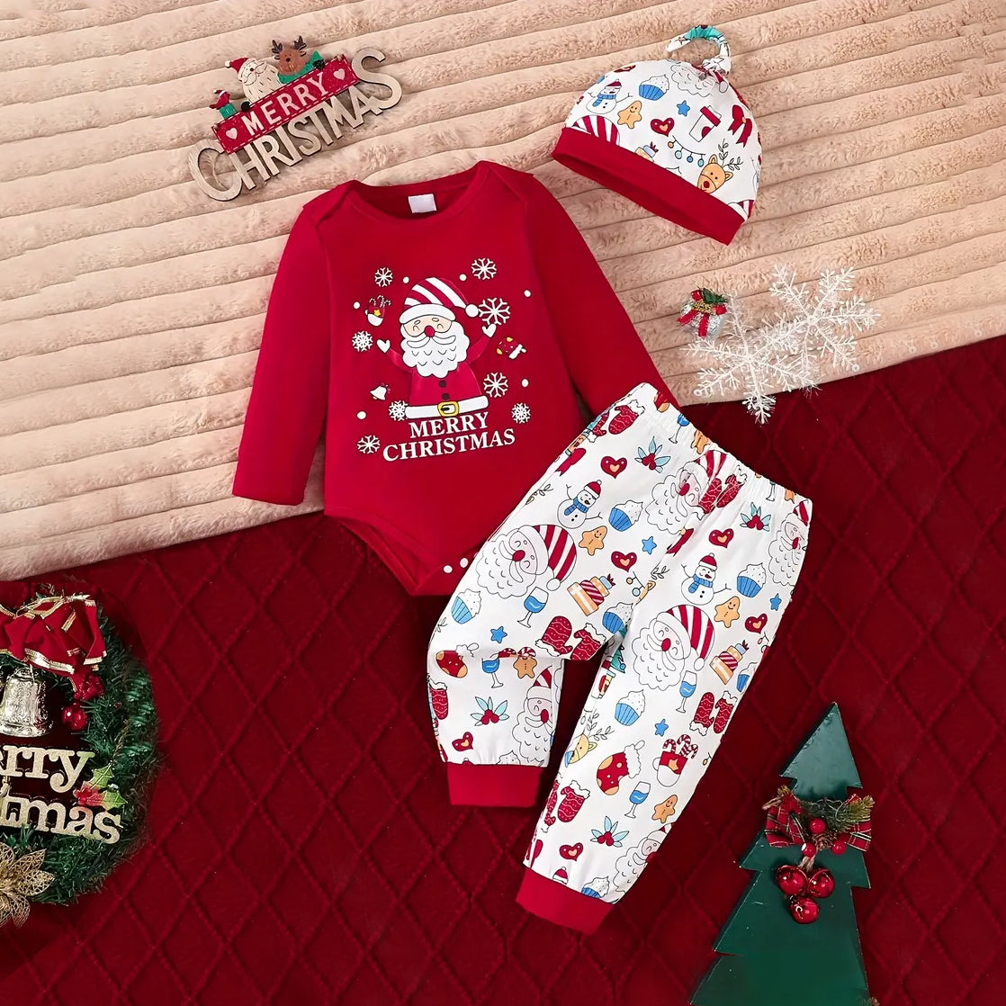 3PCS Merry Christmas Letter Santa Claus Printed Long Sleeve Baby Set