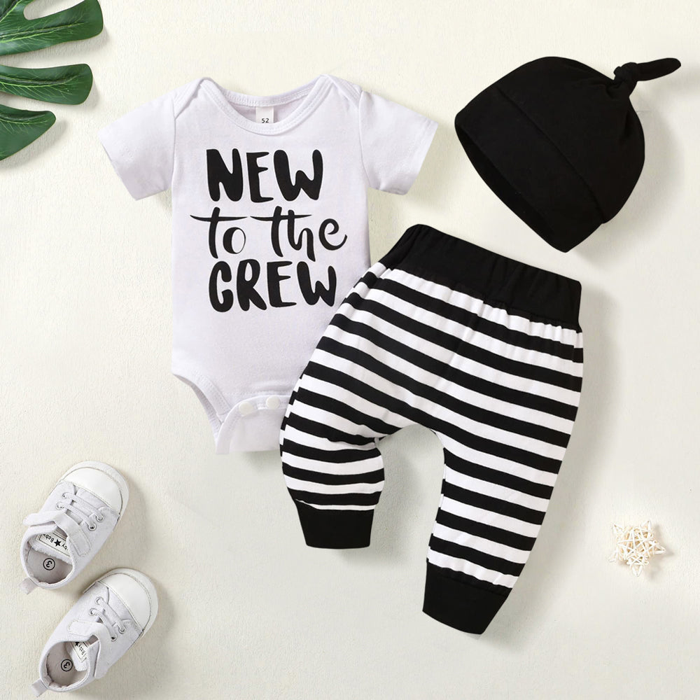 3PCS New To The Crew Letter Stripe Printed Baby Set