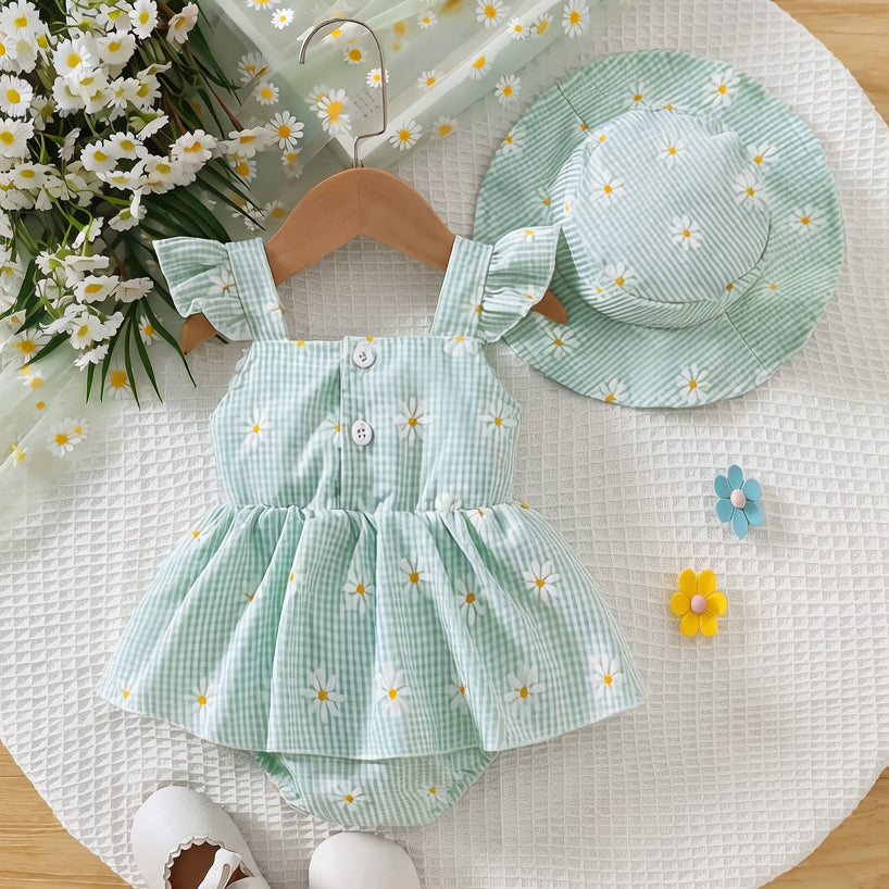 2PCS Chic Daisy & Plaid Print Flutter Sleeve Baby Romper With Hat
